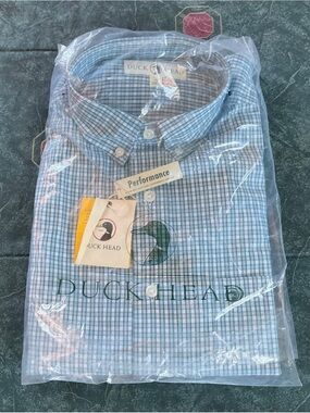 Duck Head Long Sleeve Performance Poplin Plaid Sport Shirt Blue Plaid M NWT